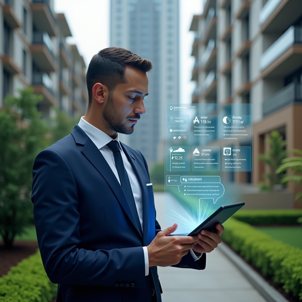 Ultra-realistic condominium manager in a navy blue suit, set in a modern luxury condominium environment with high-rise buildings and manicured greenery, mid-shot of a confident professional analyzing a holographic checklist of condo management tasks and error warnings floating above a digital tablet, symbolic icons of budgets, maintenance tools and communication bubbles, cinematic lighting, shallow depth of field, highly detailed textures, realistic skin, photographic realism, 8k resolution --ar 1:1 --v 6