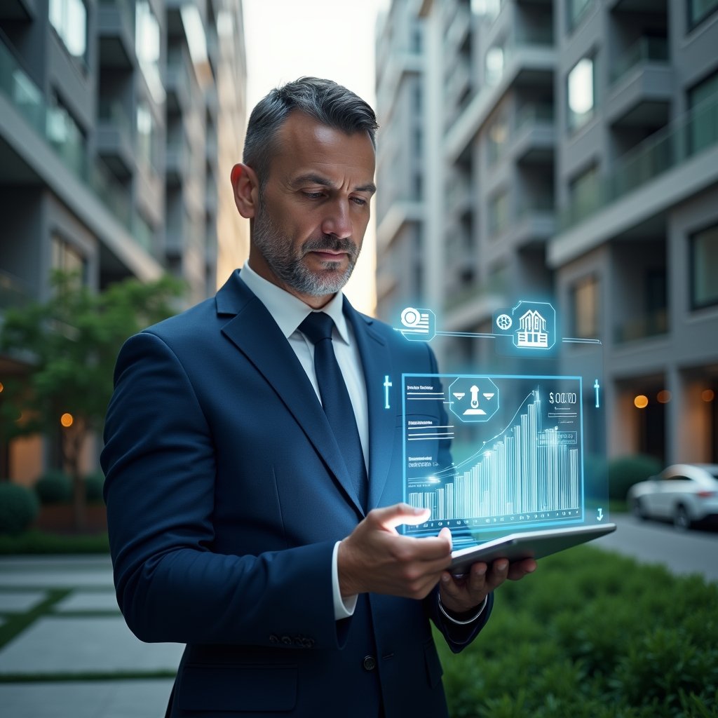 (Ultra-realistic condominium manager in a navy blue suit, set in a modern luxury condominium environment with high-rise buildings and green landscaping, reviewing a floating holographic financial report with charts and icons, holding a tablet and pointing at a visualized ledger, holographic icons of money and balance scales floating nearby, confident and focused expression, cinematic lighting, shallow depth of field, highly detailed textures, realistic skin, photographic realism, 8k resolution --ar 1:1 --v 6)