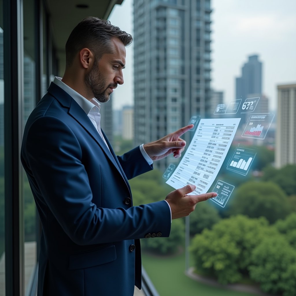 Ultra-realistic condominium manager in a navy blue suit, set in a modern luxury condominium environment with high-rise buildings and lush green landscaping, reviewing a holographic financial report with floating charts and error icons while pointing confidently at a correct entry, cinematic lighting, shallow depth of field, highly detailed textures, realistic skin, photographic realism, 8k resolution --ar 1:1 --v 6