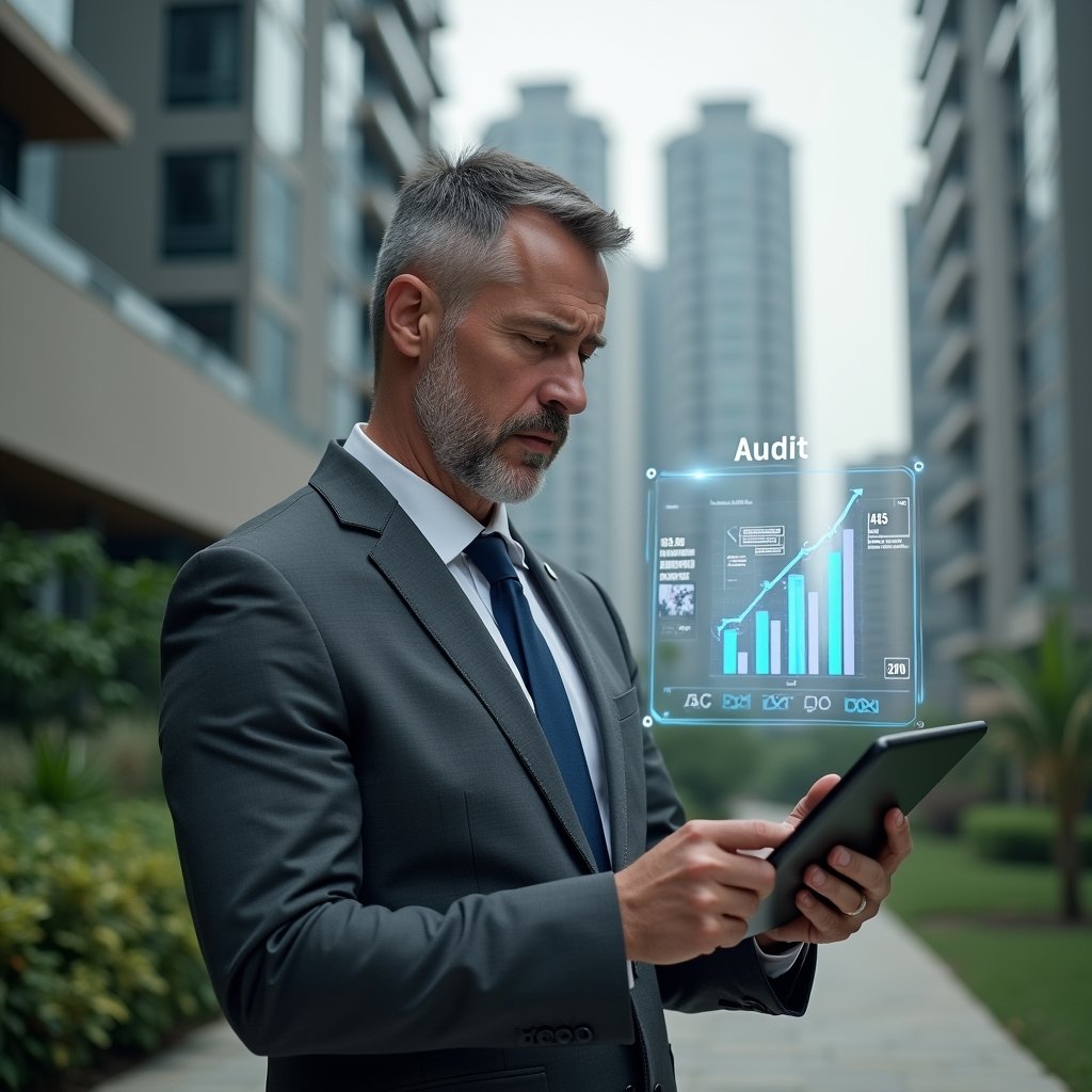 (Ultra-realistic condominium manager in a charcoal gray suit, set in a modern luxury condominium environment with high-rise buildings and manicured gardens in the background, reviewing floating holographic financial charts above a tablet with a concerned yet determined expression, a translucent audit icon hovering beside, cinematic lighting, shallow depth of field, highly detailed textures, realistic skin, photographic realism, 8k resolution --ar 1:1 --v 6)