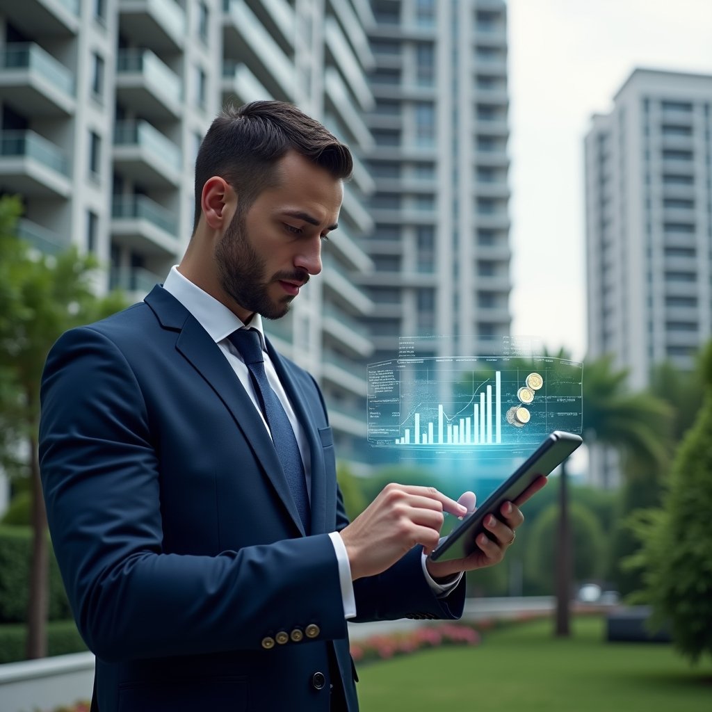 Ultra-realistic condominium manager in a navy blue suit, set in a modern luxury condominium environment with high-rise buildings and lush green landscaping, reviewing a digital tablet displaying holographic financial charts and spreadsheets, holographic icons of coins and graphs floating beside them, focused and confident expression, cinematic lighting, shallow depth of field, highly detailed textures, realistic skin, photographic realism, 8k resolution --ar 1:1 --v 6