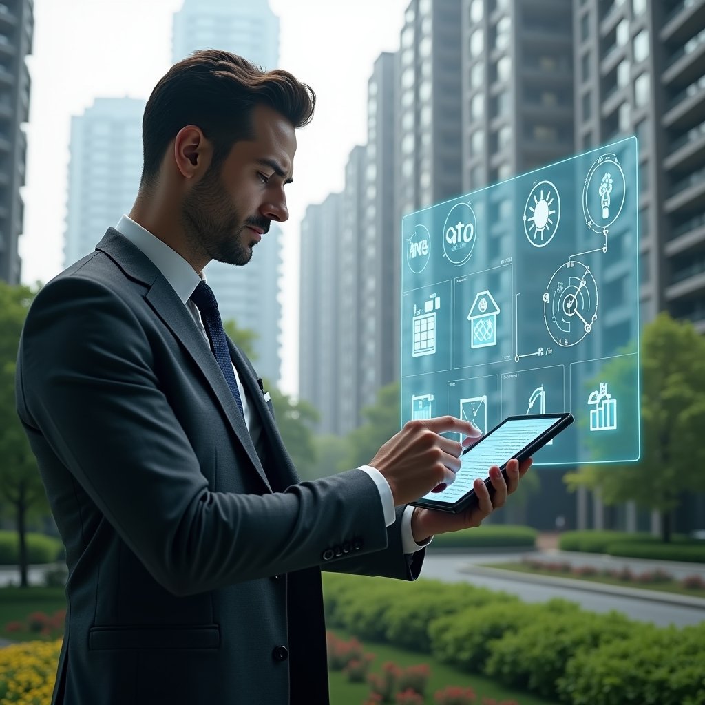 Ultra-realistic condominium manager in a charcoal gray suit, set in a modern luxury condominium environment with high-rise buildings and manicured green landscaping, reviewing holographic financial charts and energy-saving icons projected from a tablet, confident and analytical expression, cinematic lighting, shallow depth of field, highly detailed textures, realistic skin, photographic realism, 8k resolution --ar 1:1 --v 6