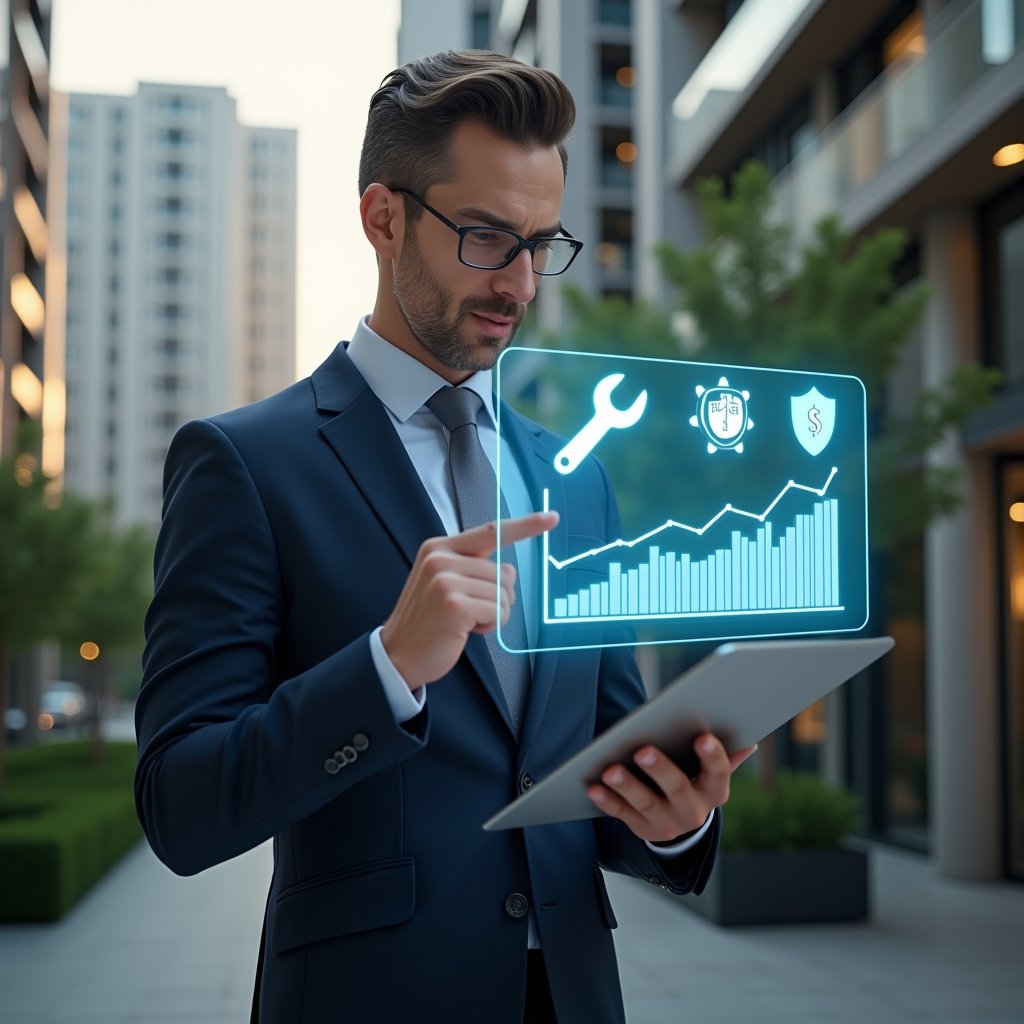 (Ultra-realistic condominium manager in a tailored navy suit, set in a modern luxury condominium environment with high-rise buildings and meticulously landscaped greenery, examining a holographic budget chart projected from a sleek tablet while pointing confidently at cost-saving icons—floating 3D symbols of coins, a wrench, and a shield—cinematic lighting, shallow depth of field, highly detailed textures, realistic skin, photographic realism, 8k resolution --ar 1:1 --v 6)