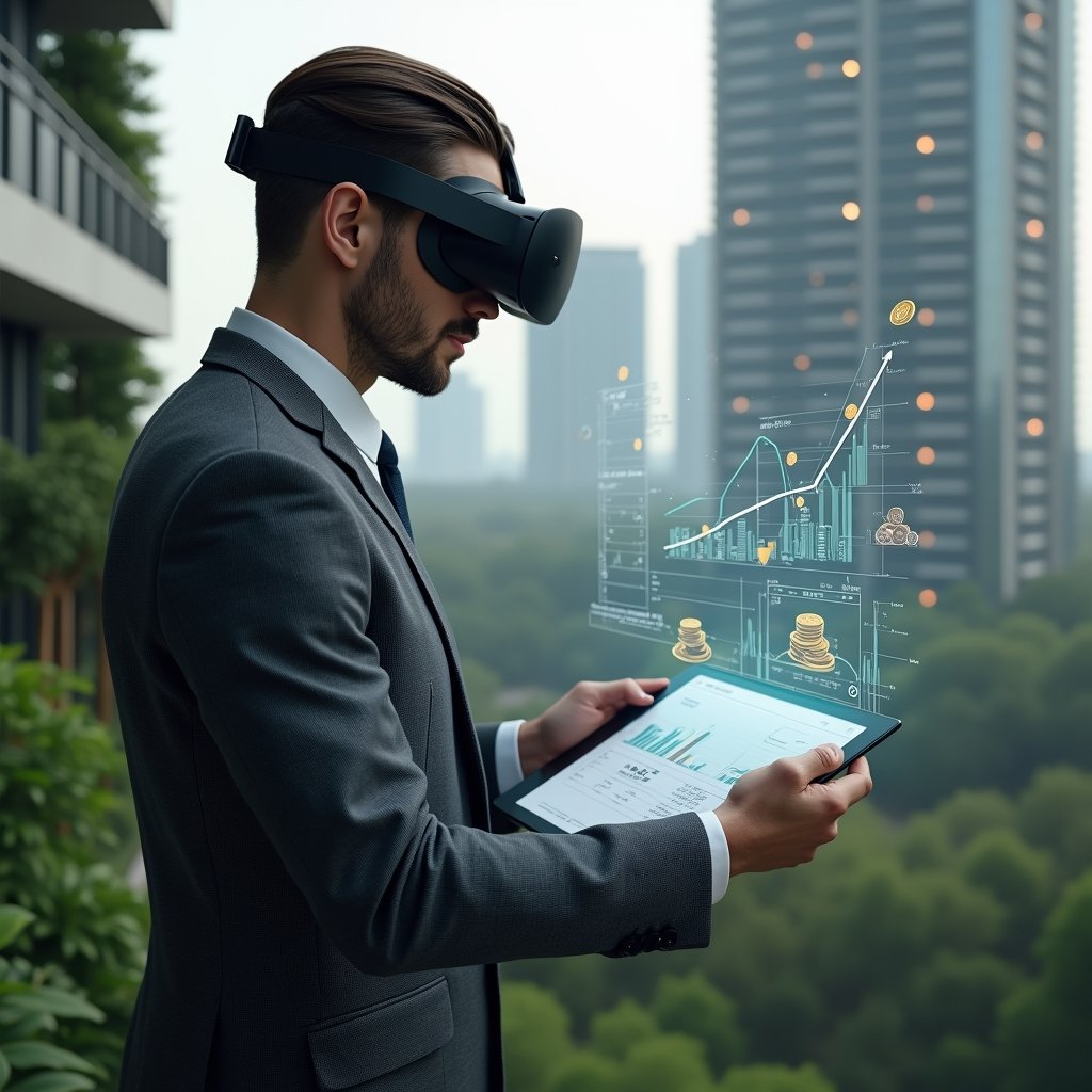 Ultra-realistic condominium manager in a charcoal gray suit, set in a modern luxury condominium environment with high-rise buildings and lush green landscaping, reviewing a holographic financial chart that highlights expense reductions, with floating icons of coins and downward-trending graphs symbolizing cost savings, cinematic lighting, shallow depth of field, highly detailed textures, realistic skin, photographic realism, 8k resolution --ar 1:1 --v 6