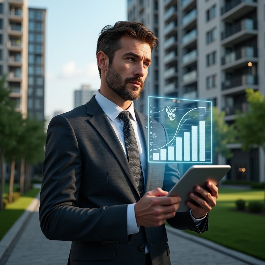 (Ultra-realistic condominium manager in a charcoal gray tailored suit, set in a modern luxury condominium environment with high-rise buildings and manicured green landscaping, holding a digital tablet and reviewing a holographic budget chart, surrounded by floating icons of dollar signs, blueprints, and bar graphs to symbolize cost savings and planning, confident and thoughtful expression, cinematic lighting, shallow depth of field, highly detailed textures, realistic skin, photographic realism, 8k resolution --ar 1:1 --v 6)