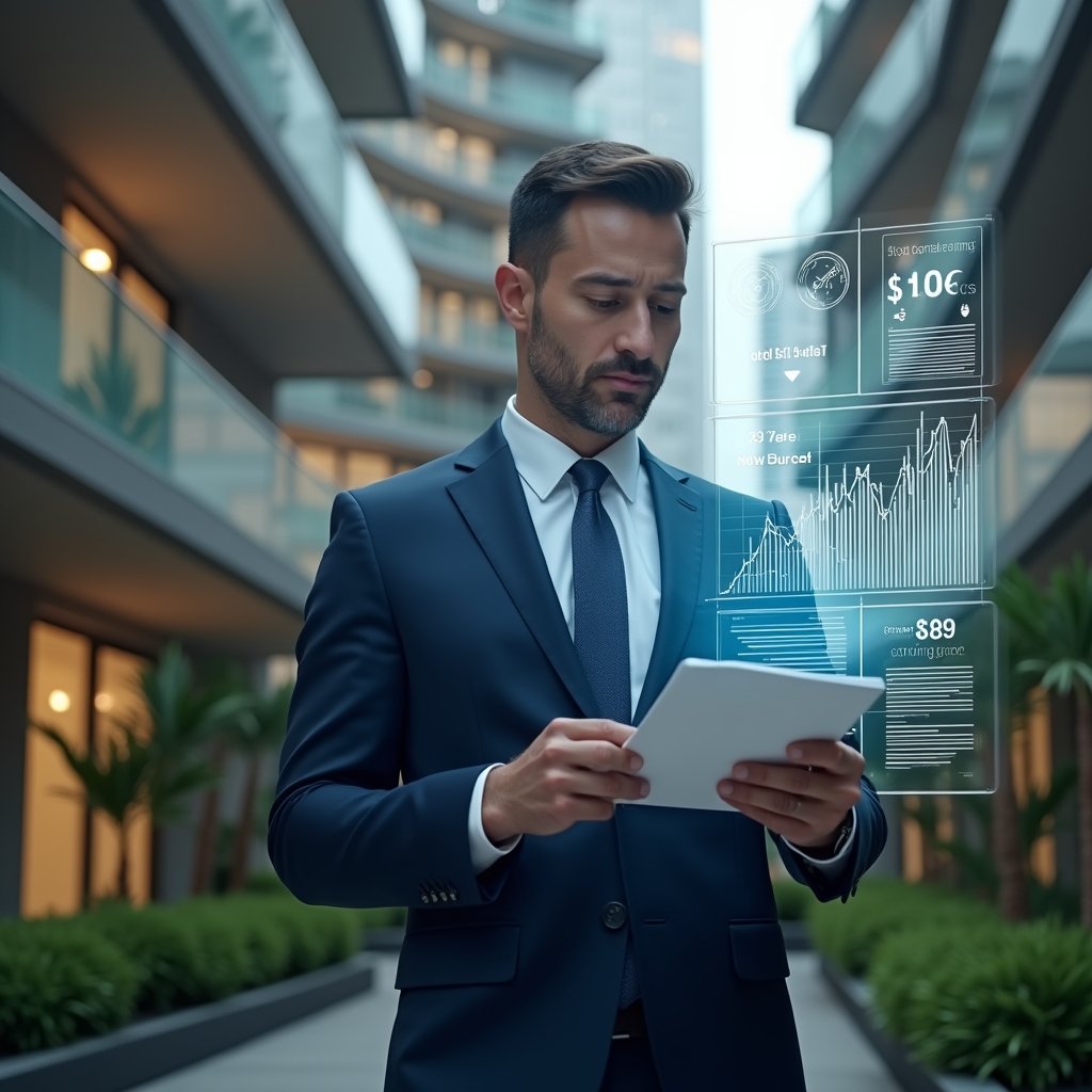 (Ultra-realistic condominium manager in a tailored navy executive suit, set in a modern luxury condominium environment with high-rise buildings and meticulously landscaped gardens, examining and interacting with holographic budget charts and cost-saving graphs, confident and focused expression, cinematic lighting, shallow depth of field, highly detailed textures, realistic skin, photographic realism, 8k resolution --ar 1:1 --v 6)