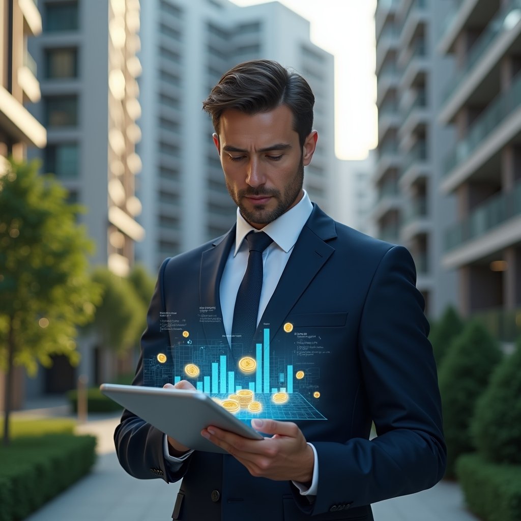 Ultra-realistic condominium manager in a tailored navy suit, set in a modern luxury condominium environment with high-rise buildings and lush green landscaping, analyzing a digital tablet displaying a glowing financial app hologram and floating icons of coins and descending expense charts, confident and focused expression, cinematic lighting, shallow depth of field, highly detailed textures, realistic skin, photographic realism, 8k resolution --ar 1:1 --v 6