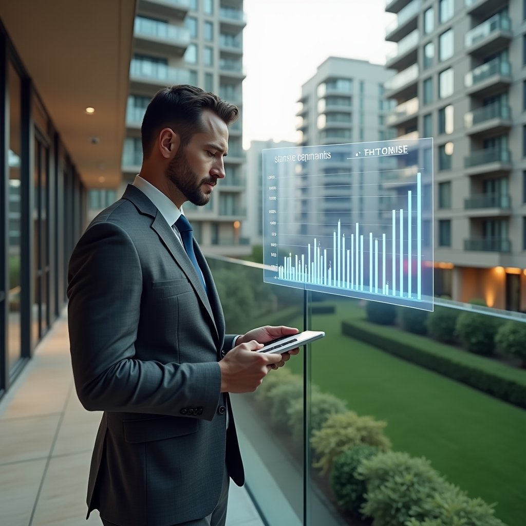 (Ultra-realistic condominium manager in a charcoal gray tailored suit, set in a modern luxury condominium environment with high-rise buildings and manicured green landscaping, reviewing digital contracts on a tablet while standing beside a glass railing overlooking the courtyard, a holographic chart displaying descending expense bars floating beside them, confident and thoughtful expression, cinematic lighting, shallow depth of field, highly detailed textures, realistic skin, photographic realism, 8k resolution --ar 1:1 --v 6)