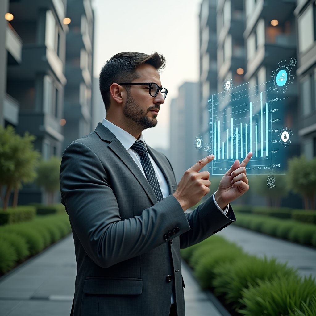 (Ultra-realistic condominium manager in a charcoal gray suit, set in a modern luxury condominium environment with high-rise buildings and manicured green landscaping, analyzing holographic financial charts and pointing to cost-saving graphs, floating icons of a piggy bank and gears representing budget optimization, confident and focused expression, cinematic lighting, shallow depth of field, highly detailed textures, realistic skin, photographic realism, 8k resolution --ar 1:1 --v 6)