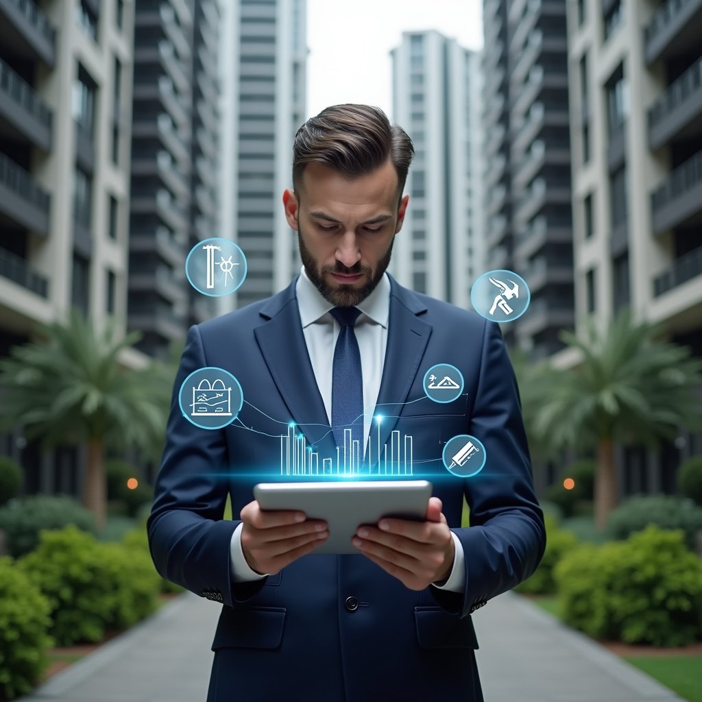 (Ultra-realistic condominium manager in a tailored navy suit, set in a modern luxury condominium environment with high-rise buildings and manicured green landscaping, reviewing a transparent holographic chart of expense reduction on a tablet with a confident, focused expression, floating icons of energy savings, maintenance tools and budget graphs around them, cinematic lighting, shallow depth of field, highly detailed textures, realistic skin, photographic realism, 8k resolution --ar 1:1 --v 6)
