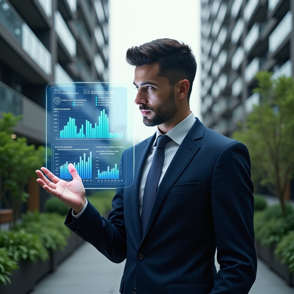 Ultra-realistic condominium manager in a navy executive suit, set in a modern luxury condominium environment with high-rise buildings and lush green landscaping, medium shot of a confident professional reviewing a floating holographic dashboard displaying cost-reduction charts and efficiency icons, cinematic lighting, shallow depth of field, highly detailed textures, realistic skin, photographic realism, 8k resolution --ar 1:1 --v 6