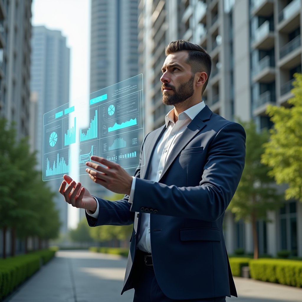Ultra-realistic condominium manager in a tailored navy suit, set in a modern luxury condominium environment with high-rise buildings and manicured green landscaping, reviewing holographic financial charts and indicators with a confident, focused expression, floating icons of bar graphs and pie charts symbolizing key metrics, cinematic lighting, shallow depth of field, highly detailed textures, realistic skin, photographic realism, 8k resolution --ar 1:1 --v 6
