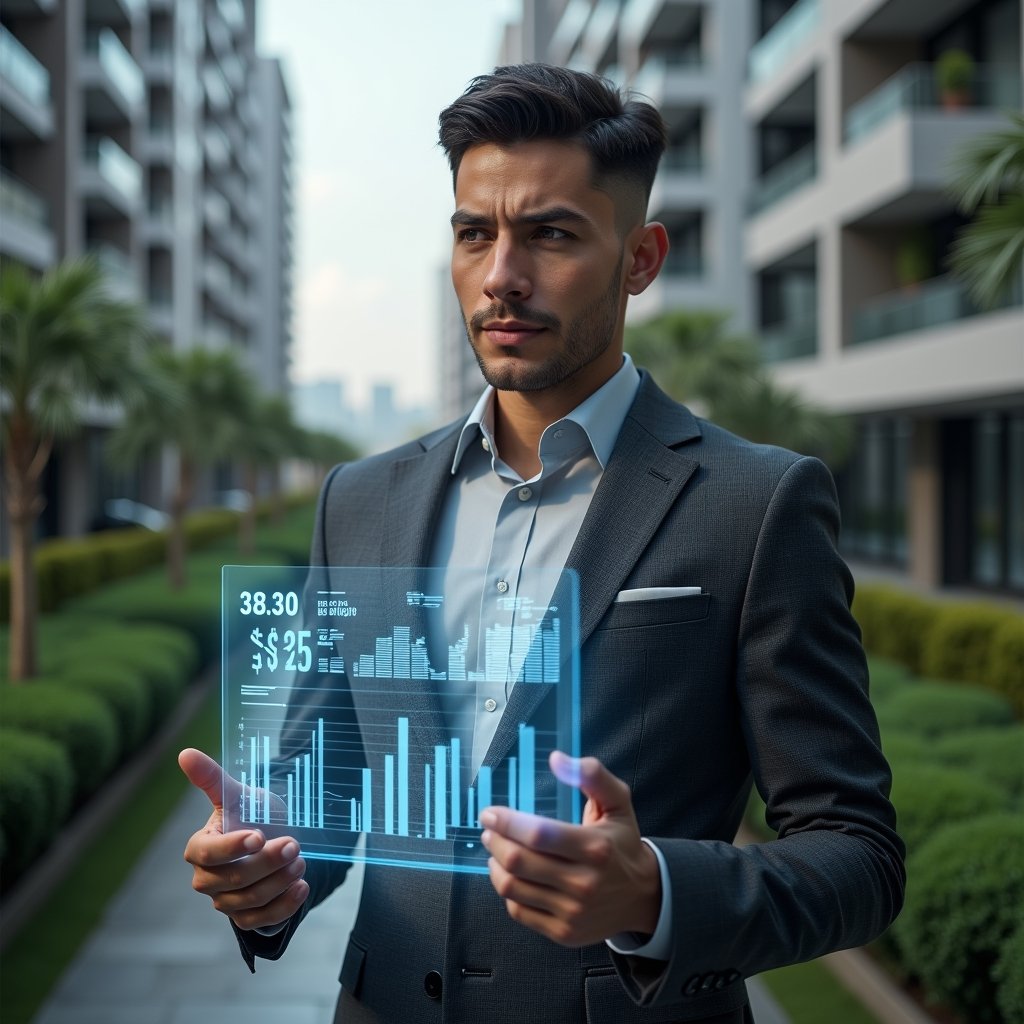 Ultra-realistic condominium manager in a charcoal gray tailored suit, set in a modern luxury condominium environment with high-rise buildings and manicured green landscaping, holding and analyzing a transparent holographic dashboard of financial charts and metrics with glowing indicators, confident and thoughtful expression, cinematic lighting, shallow depth of field, highly detailed textures, realistic skin, photographic realism, 8k resolution --ar 1:1 --v 6