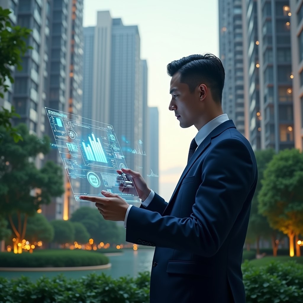 Ultra-realistic condominium manager in a navy executive suit, set in a modern luxury condominium environment with high-rise buildings and lush green landscaping, analyzing holographic financial charts and KPI icons projected before them, confident and focused expression, cinematic lighting, shallow depth of field, highly detailed textures, realistic skin, photographic realism, 8k resolution --ar 1:1 --v 6