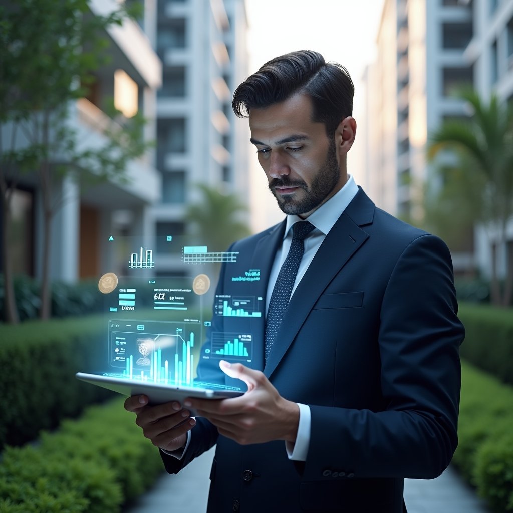 (Ultra-realistic property manager in a navy suit, set in a modern luxury condominium environment with high-rise buildings and meticulously landscaped greenery, holding a digital tablet displaying holographic financial charts and transparent balance reports, confidently pointing at the glowing data visualization, subtle icons of coins and graphs floating around, cinematic lighting, shallow depth of field, highly detailed textures, realistic skin, photographic realism, 8k resolution --ar 1:1 --v 6)