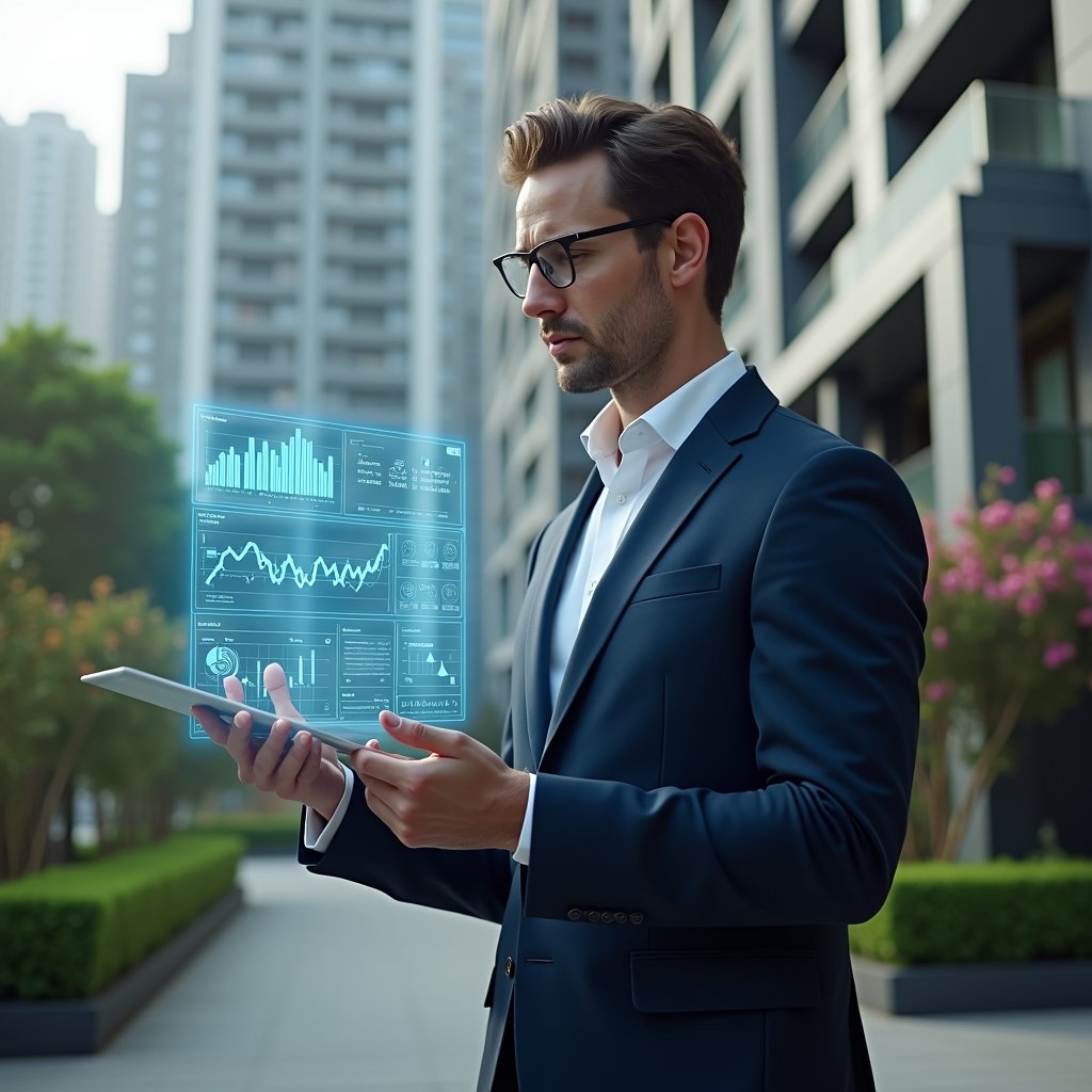 Ultra-realistic condominium manager in a tailored navy suit, set in a modern luxury condominium environment with high-rise buildings and manicured green landscaping, analyzing a floating holographic financial dashboard with charts and icons, confident expression, cinematic lighting, shallow depth of field, highly detailed textures, realistic skin, photographic realism, 8k resolution --ar 1:1 --v 6
