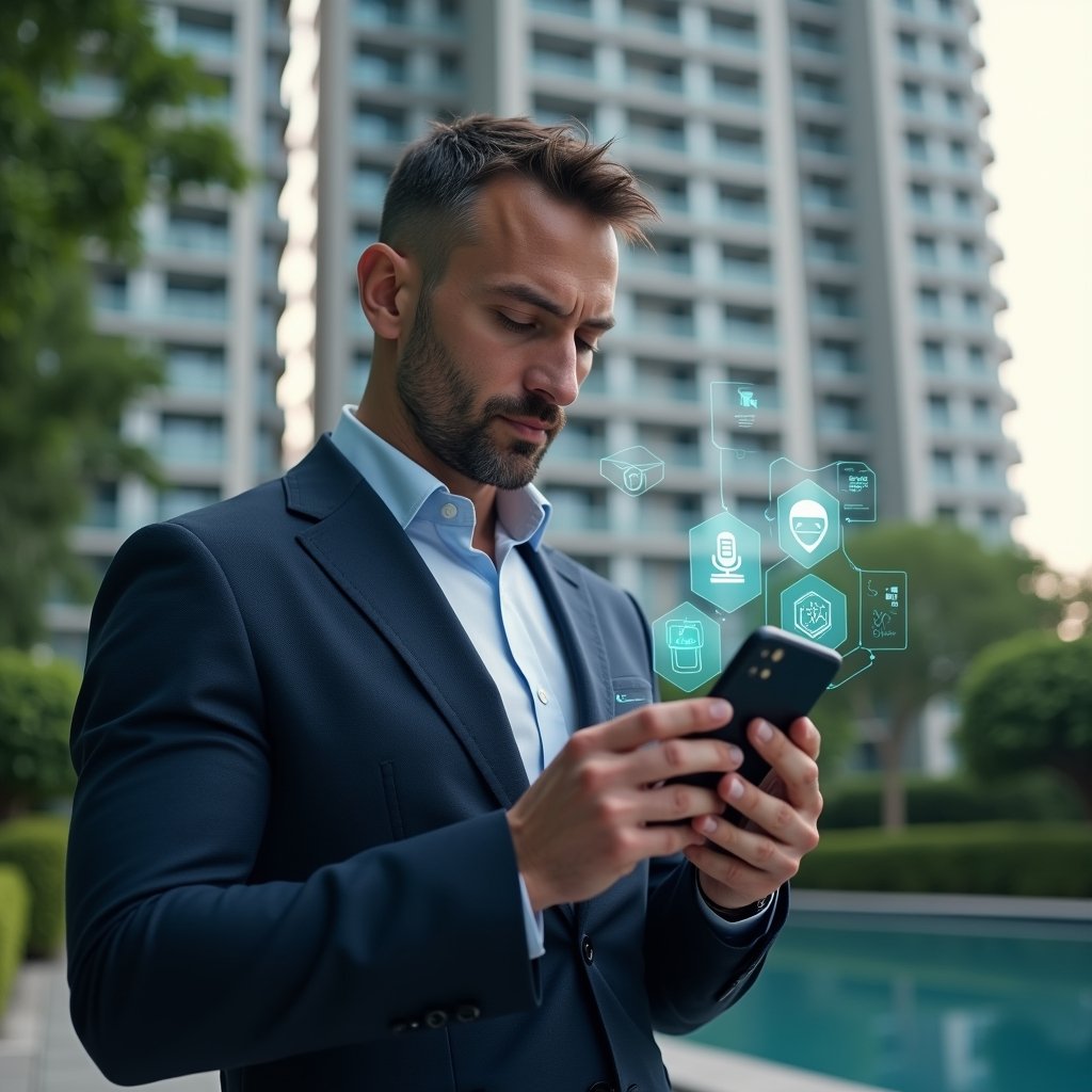 (Ultra-realistic condo manager in a navy tailored suit, set in a modern luxury condominium environment with high-rise buildings and lush green landscaping, mid-shot close-up, holding a smartphone while analyzing floating holographic icons representing biometric access, AI surveillance camera, chat notifications, financial analytics chart and integrated management platform, confident and focused expression, cinematic lighting, shallow depth of field, highly detailed textures, realistic skin, photographic realism, 8k resolution --ar 1:1 --v 6)