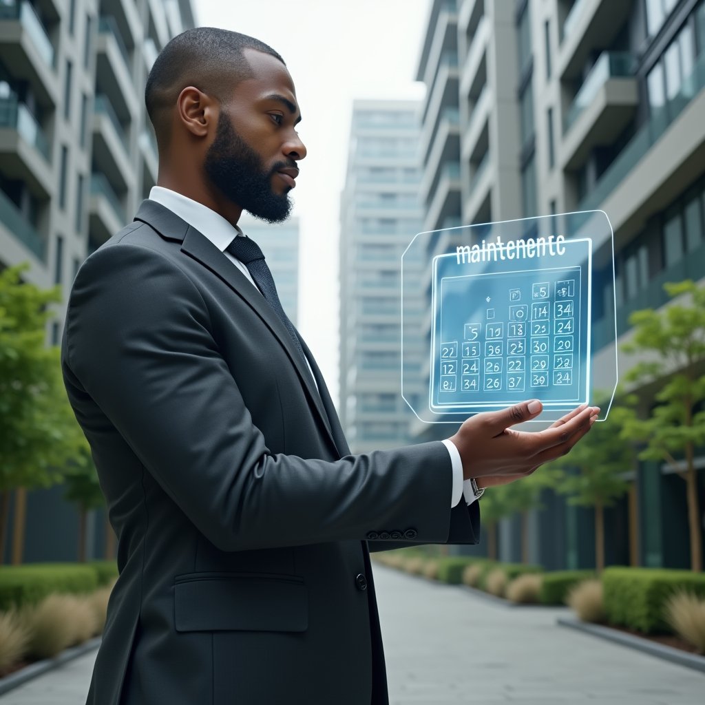 Ultra-realistic property manager in a charcoal gray executive suit, set in a modern luxury condominium environment with high-rise buildings and lush green landscaping, confidently interacting with a floating holographic calendar displaying maintenance, assembly, and routine schedules, cinematic lighting, shallow depth of field, highly detailed textures, realistic skin, photographic realism, 8k resolution --ar 1:1 --v 6