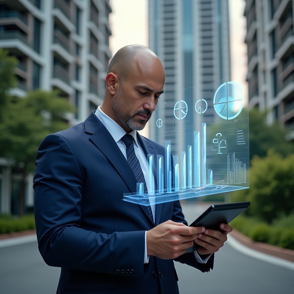 Ultra-realistic condominium manager in a navy blue suit, set in a modern luxury condominium environment with high-rise buildings and lush green landscaping, confidently reviewing holographic financial charts projected from a digital tablet, symbolic floating icons of spreadsheets and pie graphs around them, cinematic lighting, shallow depth of field, highly detailed textures, realistic skin, photographic realism, 8k resolution --ar 1:1 --v 6