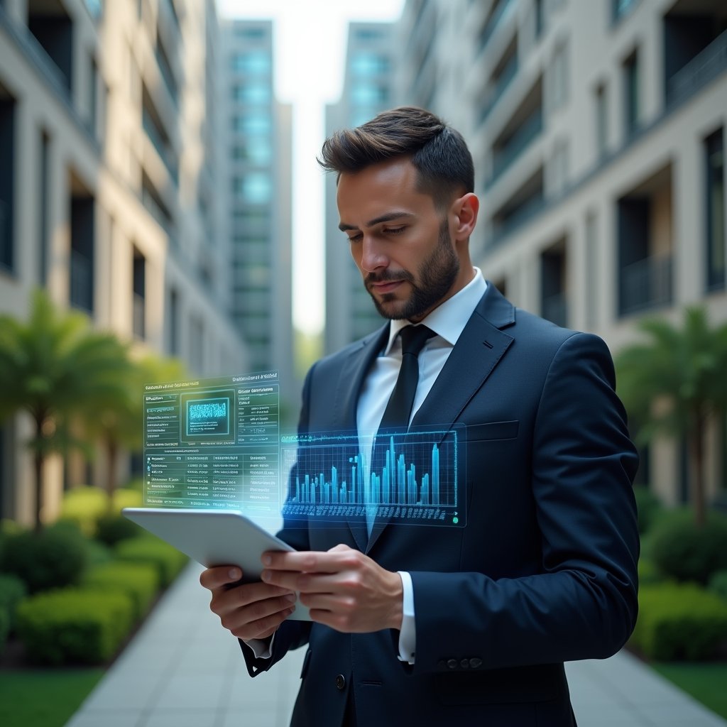 (Ultra-realistic condominium manager in a tailored navy suit, set in a modern luxury condominium environment with high-rise buildings and manicured green landscaping, holding a digital tablet displaying transparent financial charts in holographic form, confidently reviewing data with a thoughtful expression, cinematic lighting, shallow depth of field, highly detailed textures, realistic skin, photographic realism, 8k resolution --ar 1:1 --v 6)