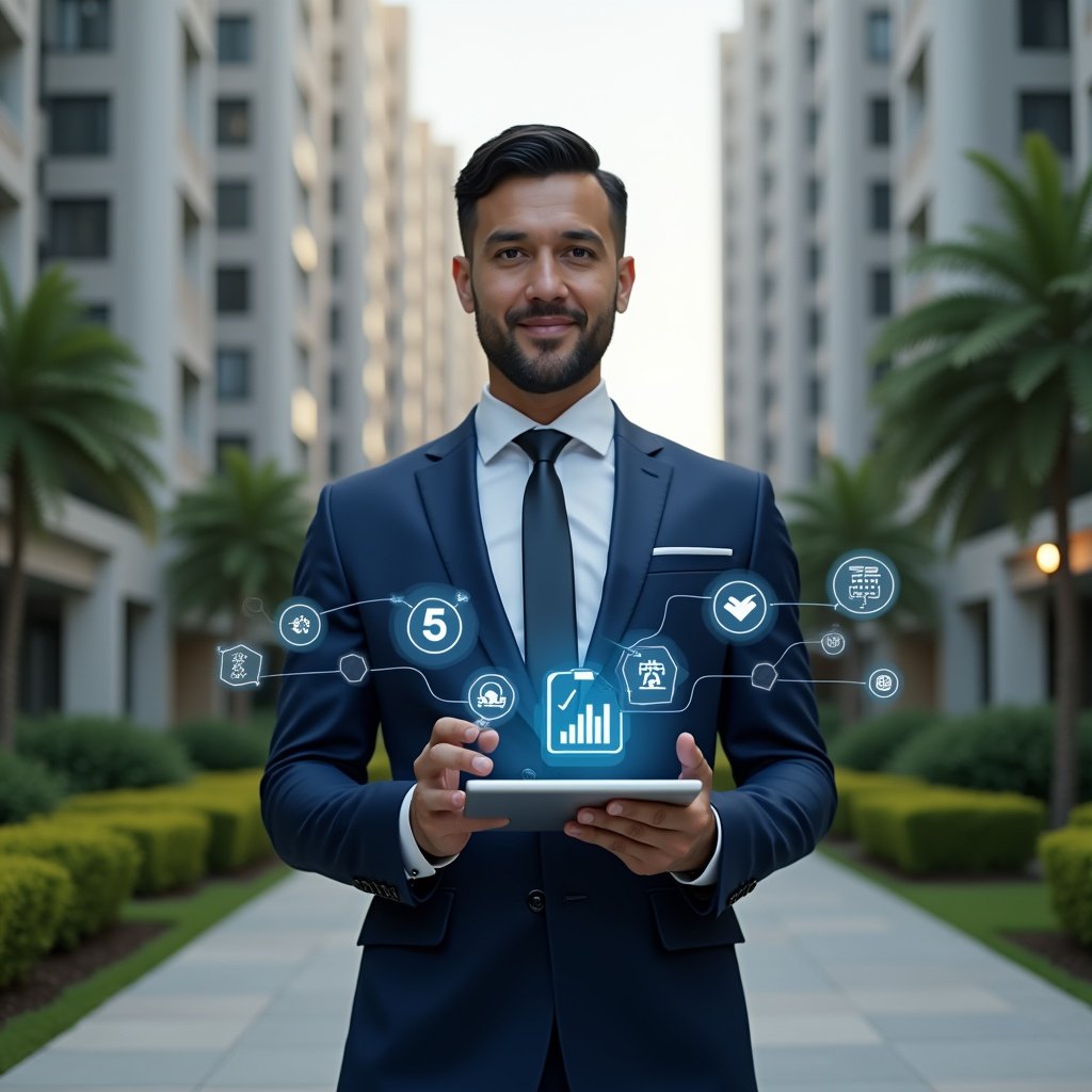 (Ultra-realistic condominium manager in a tailored navy-blue suit, set in a modern luxury condominium environment with high-rise buildings and meticulously landscaped gardens, standing in a medium shot holding a digital tablet displaying holographic checklists and financial graphs symbolizing the “5 secrets,” confident and inspiring expression, floating icons of gears, calendars, and community chat bubbles around the figure, cinematic lighting, shallow depth of field, highly detailed textures, realistic skin, photographic realism, 8k resolution --ar 1:1 --v 6)