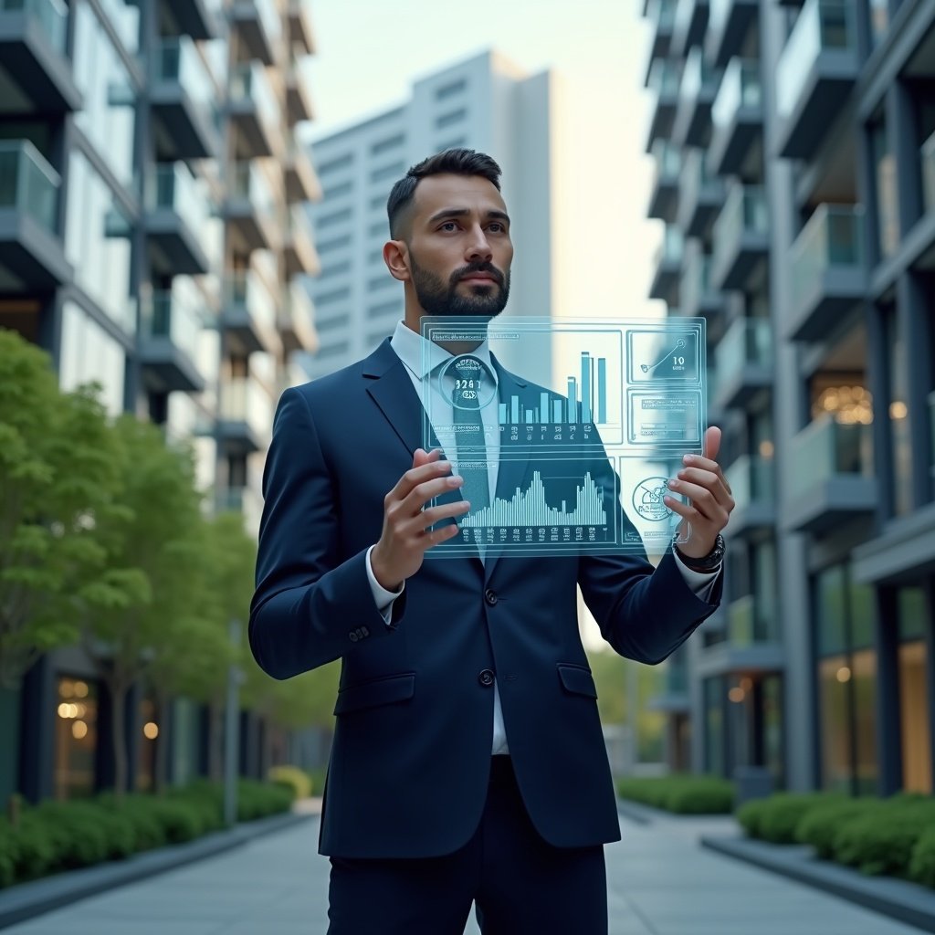 Ultra-realistic condominium manager in a navy suit, set in a modern luxury condominium environment with high-rise buildings and green landscaping, holding a transparent holographic financial dashboard displaying charts and graphs, analyzing data with a confident, thoughtful expression, cinematic lighting, shallow depth of field, highly detailed textures, realistic skin, photographic realism, 8k resolution --ar 1:1 --v 6