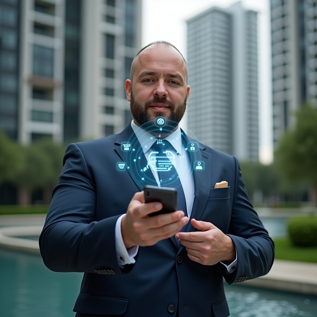 Ultra-realistic condominium manager in a dark blue executive suit, set in a modern luxury condominium environment with high-rise buildings and manicured green landscaping, holding a smartphone displaying a holographic interface of a condo management app with floating icons for instant messaging, online payments and real-time reports, confident and engaged expression, cinematic lighting, shallow depth of field, highly detailed textures, realistic skin, photographic realism, 8k resolution --ar 1:1 --v 6