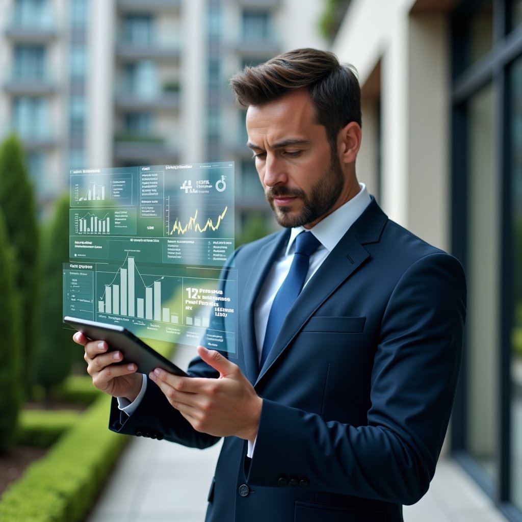 Ultra-realistic condominium manager in a tailored navy suit, set in a modern luxury condominium environment with high-rise buildings and manicured green landscaping, holding a tablet displaying floating holographic financial charts and expense icons, analyzing real-time reports with a focused, confident expression, cinematic lighting, shallow depth of field, highly detailed textures, realistic skin, photographic realism, 8k resolution --ar 1:1 --v 6
