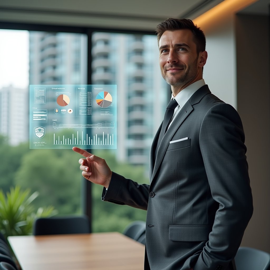 (Ultra-realistic condominium manager in a charcoal gray executive suit, set in a modern luxury condominium environment with high-rise buildings and manicured green landscaping, standing in a conference room and confidently pointing at a holographic budget spreadsheet displaying pie charts and cost projections, a floating hologram of coins and document icons symbolizing expense control, cinematic lighting, shallow depth of field, highly detailed textures, realistic skin, photographic realism, 8k resolution --ar 1:1 --v 6)