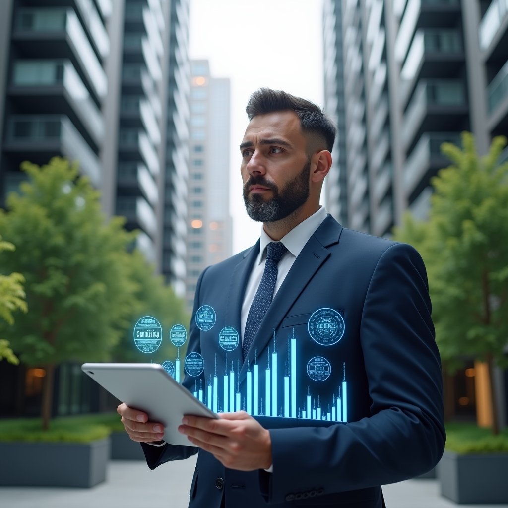 Ultra-realistic condominium manager in a navy blue executive suit, set in a modern luxury condominium environment with high-rise buildings and manicured green landscaping, medium close-up of the manager holding a tablet projecting transparent holographic financial charts and audit seals, confident and thoughtful expression, cinematic lighting, shallow depth of field, highly detailed textures, realistic skin, photographic realism, 8k resolution --ar 1:1 --v 6