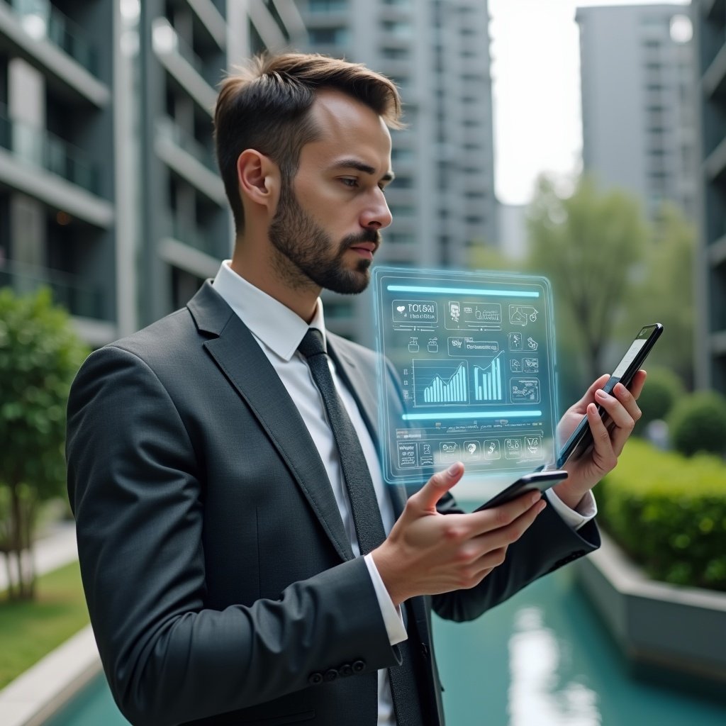 (Ultra-realistic condominium manager in a charcoal gray executive suit, set in a modern luxury condominium environment with high-rise buildings and meticulously landscaped greenery, interacting with a floating holographic dashboard displaying building automation icons and a smartphone app interface, confident and focused expression, cinematic lighting, shallow depth of field, highly detailed textures, realistic skin, photographic realism, 8k resolution --ar 1:1 --v 6)