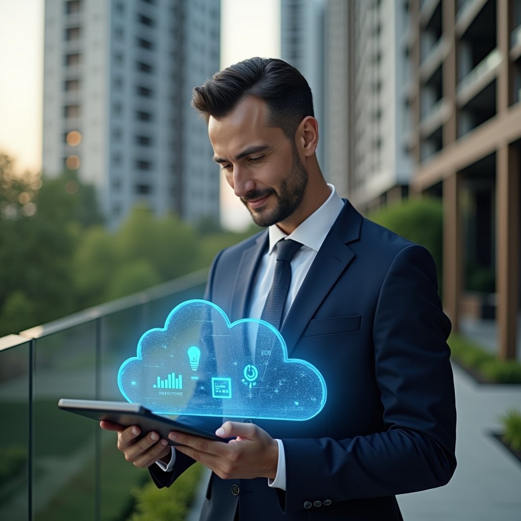 Ultra-realistic condominium manager in a tailored navy suit, set in a modern luxury condominium environment with high-rise buildings and lush green landscaping, holding a tablet displaying a holographic cloud management interface with icons for remote access, automatic backup and real-time reports, confidently analyzing data with a slight smile, cinematic lighting, shallow depth of field, highly detailed textures, realistic skin, photographic realism, 8k resolution --ar 1:1 --v 6