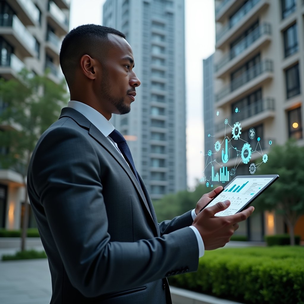 Ultra-realistic condo property manager in a dark gray executive suit, set in a modern luxury condominium environment with high-rise buildings and manicured green landscaping, medium shot of them holding a tablet displaying holographic expense charts and icons of budgets and gears, analyzing data with a confident, focused expression, cinematic lighting, shallow depth of field, highly detailed textures, realistic skin, photographic realism, 8k resolution --ar 1:1 --v 6