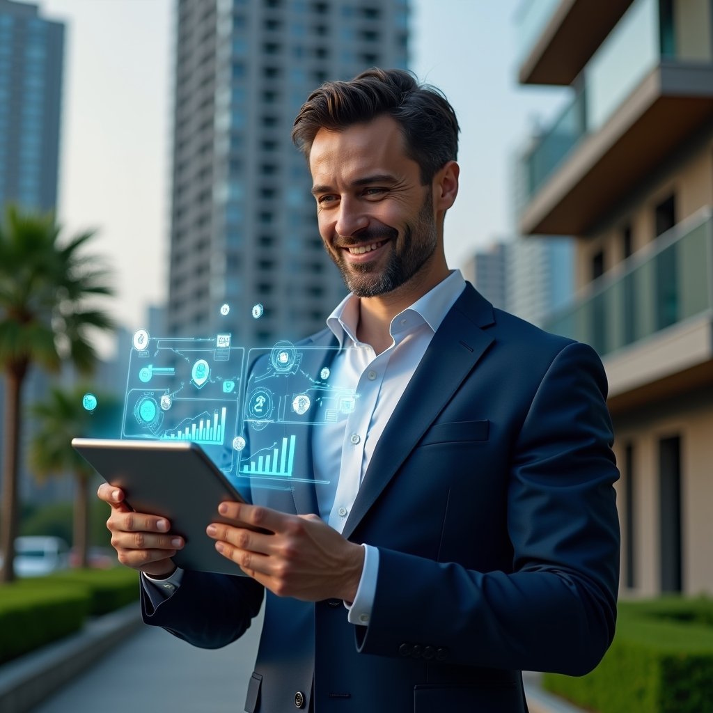 (Ultra-realistic condominium manager in a navy blue suit, set in a modern luxury condominium environment with high-rise buildings and lush green landscaping, holding a tablet displaying holographic financial charts and app icons, confidently analyzing data with a focused smile, floating transparent interface elements symbolizing an aplicativo para condomínio, cinematic lighting, shallow depth of field, highly detailed textures, realistic skin, photographic realism, 8k resolution --ar 1:1 --v 6)