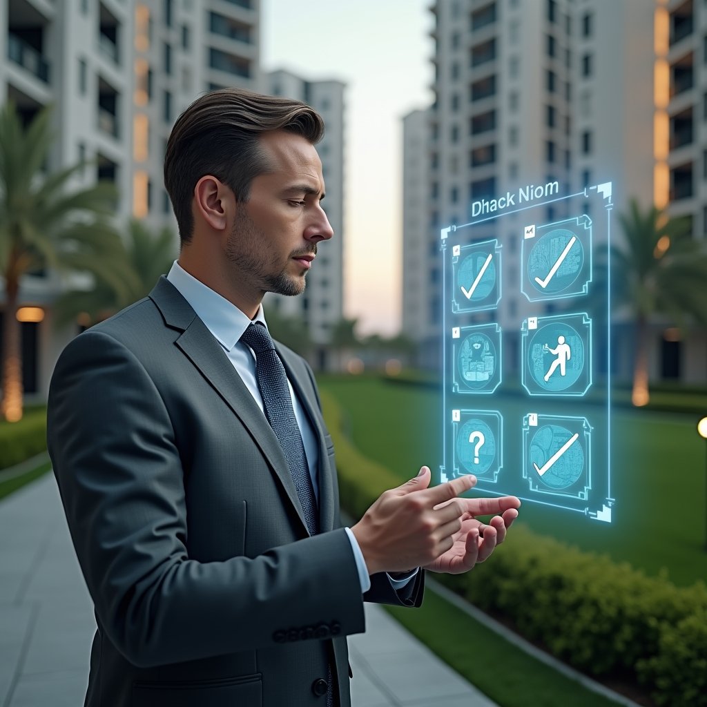 (Ultra-realistic condominium manager in a charcoal gray executive suit, set in a modern luxury condominium environment with high-rise buildings and manicured green landscaping, examining a holographic interface displaying warning icons and checklists that represent the 7 common selection errors, thoughtful expression with furrowed brow, cinematic lighting, shallow depth of field, highly detailed textures, realistic skin, photographic realism, 8k resolution --ar 1:1 --v 6)