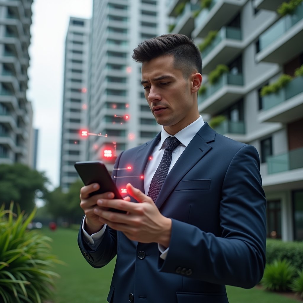 (Ultra-realistic condominium manager in a tailored dark blue suit, set in a modern luxury condominium environment with high-rise buildings and lush green landscaping, holding a smartphone displaying a management app interface with floating red error icons, looking thoughtful and concerned, holographic UI elements symbolizing process flaws, cinematic lighting, shallow depth of field, highly detailed textures, realistic skin, photographic realism, 8k resolution --ar 1:1 --v 6)