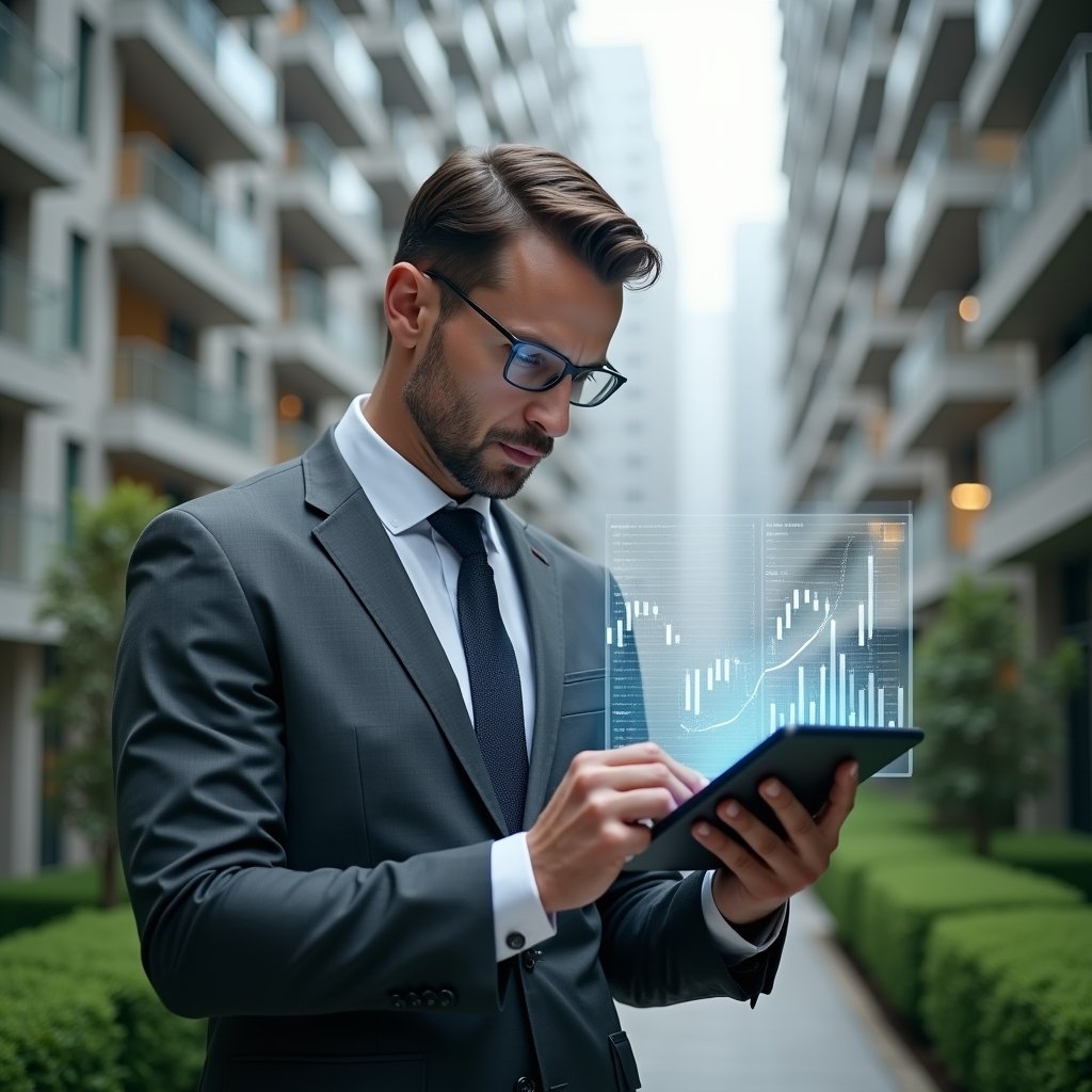 Ultra-realistic condominium manager in a tailored gray suit, set in a modern luxury condominium environment with high-rise buildings and lush green landscaping, examining a transparent holographic financial chart floating above a digital tablet, expression focused and serious as they analyze data, cinematic lighting, shallow depth of field, highly detailed textures, realistic skin, photographic realism, 8k resolution --ar 1:1 --v 6