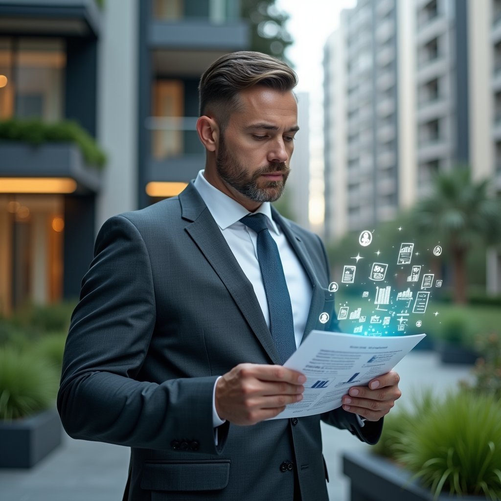 (Ultra-realistic condominium manager in a charcoal gray executive suit, set in a modern luxury condominium environment with high-rise buildings and manicured gardens in the background, holding holographic financial charts and digital ledgers, analyzing data thoughtfully to avoid accounting errors, floating icons of balance sheets and audit stamps around them, confident and focused expression, cinematic lighting, shallow depth of field, highly detailed textures, realistic skin, photographic realism, 8k resolution --ar 1:1 --v 6)