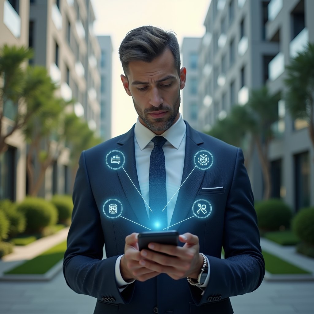 Ultra-realistic condominium manager in a navy suit, set in a modern luxury condominium environment with high-rise buildings and meticulously landscaped greenery, mid shot, holding a smartphone projecting holographic app icons and warning symbols alongside a checklist, expression thoughtful and confident, cinematic lighting, shallow depth of field, highly detailed textures, realistic skin, photographic realism, 8k resolution --ar 1:1 --v 6