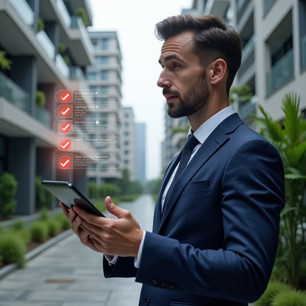 (Ultra-realistic professional property manager in a navy blue suit, set in a modern luxury condominium environment with high-rise buildings and green landscaping, reviewing a holographic checklist of seven app selection errors with red warning icons hovering above a tablet, thoughtful and confident expression, cinematic lighting, shallow depth of field, highly detailed textures, realistic skin, photographic realism, 8k resolution --ar 1:1 --v 6)