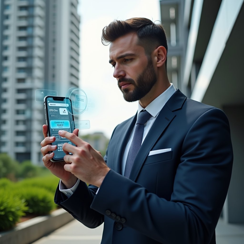 Ultra-realistic condominium manager in a tailored navy blue suit, set in a modern luxury condominium environment with high-rise buildings and lush green landscaping, examining a floating holographic condominium app interface with focused, confident expression, symbolic transparent smartphone hologram displaying management dashboards, cinematic lighting, shallow depth of field, highly detailed textures, realistic skin, photographic realism, 8k resolution --ar 1:1 --v 6
