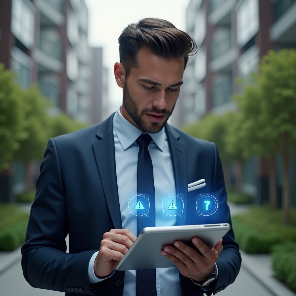 Ultra-realistic condominium manager in a tailored navy blue suit, set in a modern luxury condominium environment with high-rise buildings and manicured green landscaping, reviewing a holographic checklist interface on a transparent tablet, warning icons floating around the screen symbolizing potential mistakes, thoughtful and confident expression, cinematic lighting, shallow depth of field, highly detailed textures, realistic skin, photographic realism, 8k resolution --ar 1:1 --v 6