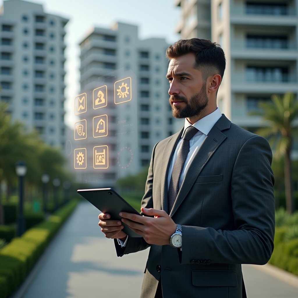 (Ultra-realistic condominium manager in a charcoal gray executive suit, set in a modern luxury condominium environment with high-rise buildings and manicured green landscaping, holding a tablet and examining a floating holographic checklist of errors, thoughtful expression with slight confidence, holographic icons of warning signs and gears symbolizing app management pitfalls, cinematic lighting, shallow depth of field, highly detailed textures, realistic skin, photographic realism, 8k resolution --ar 1:1 --v 6)