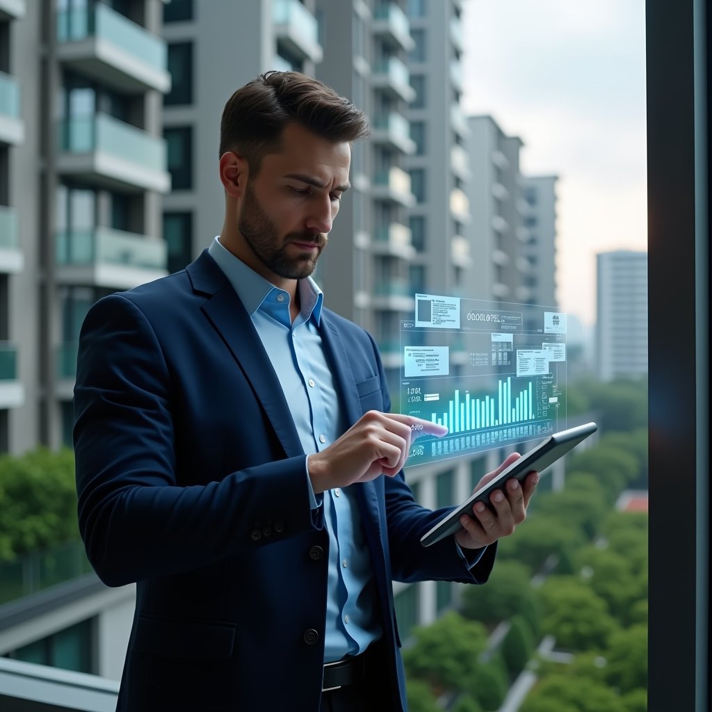 Ultra-realistic condominium manager in a navy executive suit, set in a modern luxury condominium environment with high-rise buildings and manicured greenery, reviewing holographic financial charts projected from a tablet, expression thoughtful and confident, floating icons of receipts and ledgers around, cinematic lighting, shallow depth of field, highly detailed textures, realistic skin, photographic realism, 8k resolution --ar 1:1 --v 6