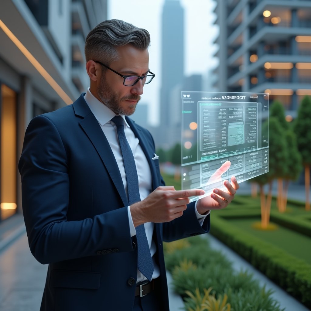 (Ultra-realistic condominium manager in a tailored dark blue suit, set in a modern luxury condominium environment with high-rise buildings and manicured green landscaping, medium shot of a focused manager reviewing a holographic financial report with floating charts highlighting errors, confident expression, cinematic lighting, shallow depth of field, highly detailed textures, realistic skin, photographic realism, 8k resolution --ar 1:1 --v 6)