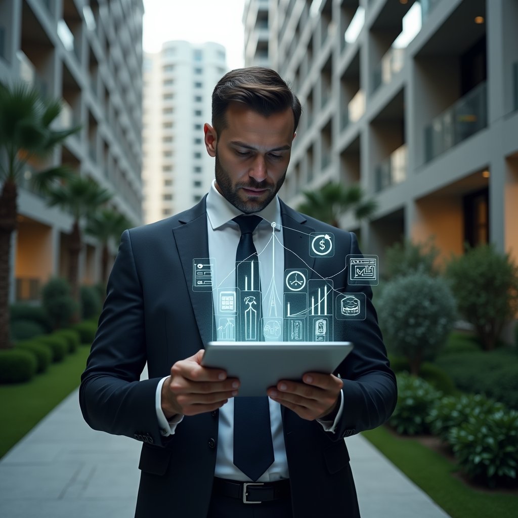 (Ultra-realistic condominium manager in a dark tailored suit, set in a modern luxury condominium environment with high-rise buildings and meticulously landscaped greenery, reviewing holographic financial charts projected above a glass tablet, confident and focused expression, holographic icons of receipts and graphs floating around, cinematic lighting, shallow depth of field, highly detailed textures, realistic skin, photographic realism, 8k resolution --ar 1:1 --v 6)