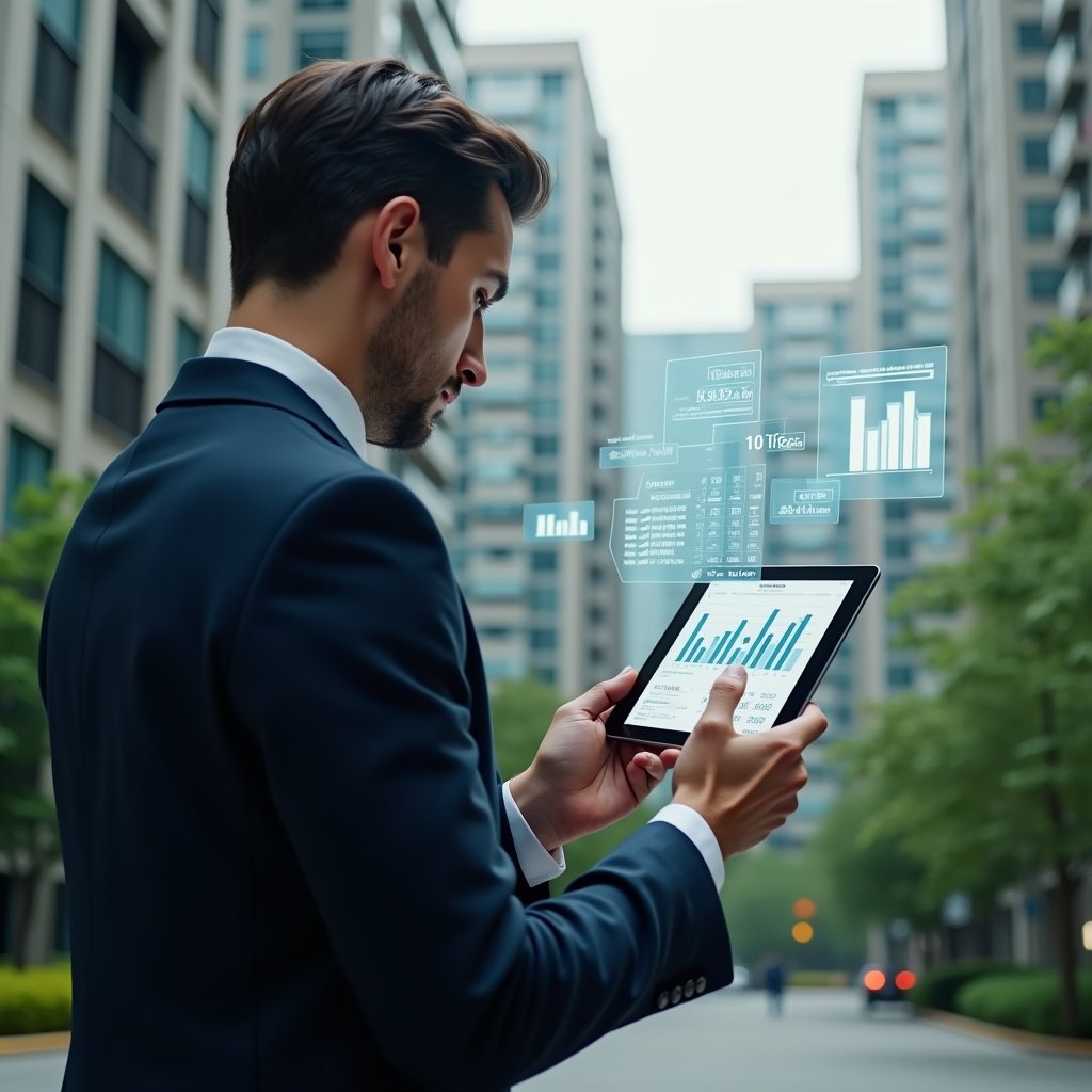 Ultra-realistic condominium manager in a dark navy suit, set in a modern luxury condominium environment with high-rise buildings and lush green landscaping, medium close-up of a focused and confident síndico examining holographic financial reports and pointing at floating expense charts, holding a transparent tablet displaying budget graphs, cinematic lighting, shallow depth of field, highly detailed textures, realistic skin, photographic realism, 8k resolution --ar 1:1 --v 6
