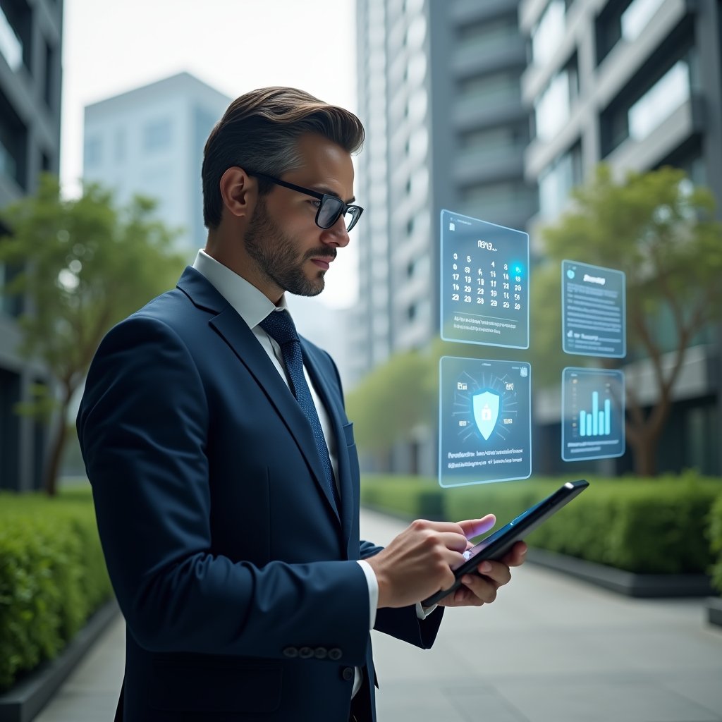 Ultra-realistic condominium manager in a dark blue executive suit, set in a modern luxury condominium environment with high-rise buildings and manicured green landscaping, holding a tablet and examining floating holographic icons of calendars, security shields and financial graphs to represent common app errors, looking focused and confident, cinematic lighting, shallow depth of field, highly detailed textures, realistic skin, photographic realism, 8k resolution --ar 1:1 --v 6