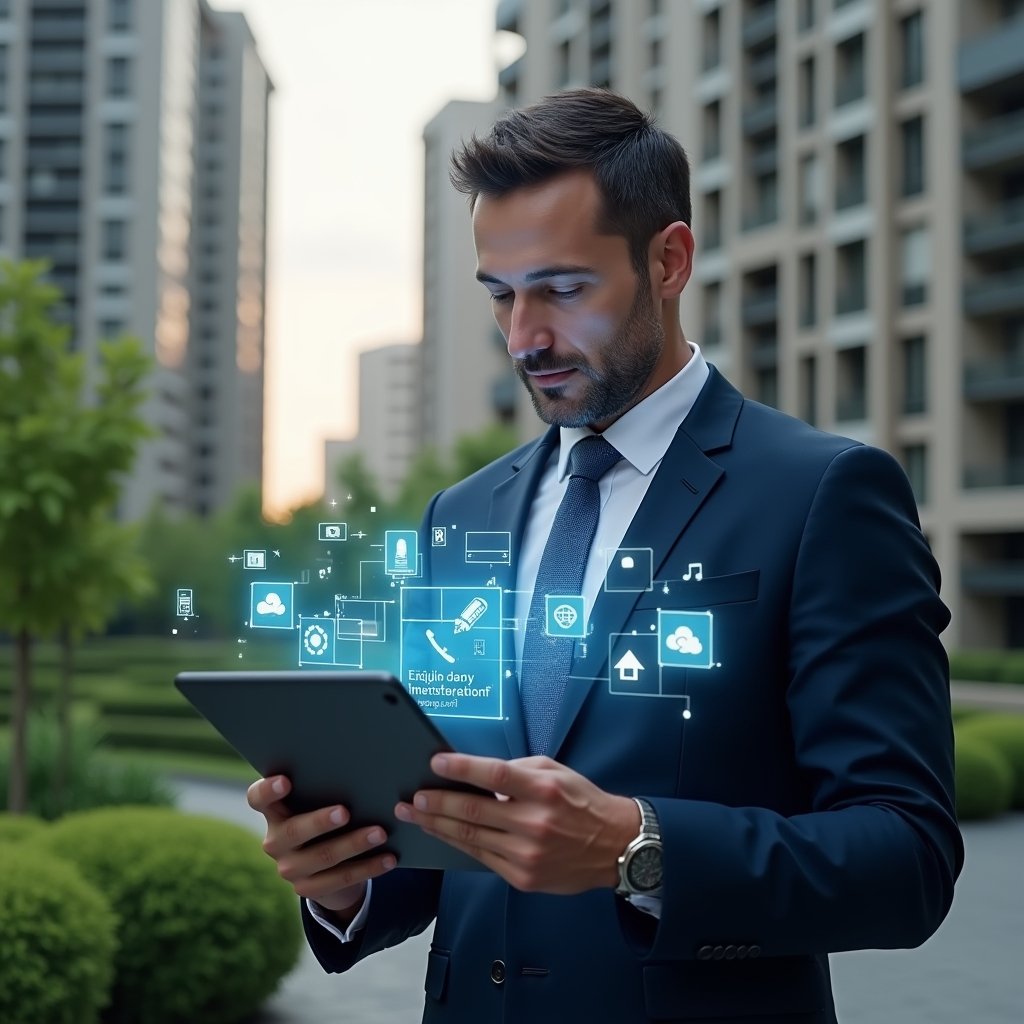 (Ultra-realistic condominium manager in a navy suit, set in a modern luxury condominium environment with high-rise buildings and manicured green landscaping, holding a digital tablet displaying holographic UI elements that highlight common app errors, looking thoughtful and focused, floating error icons around the device, cinematic lighting, shallow depth of field, highly detailed textures, realistic skin, photographic realism, 8k resolution --ar 1:1 --v 6)