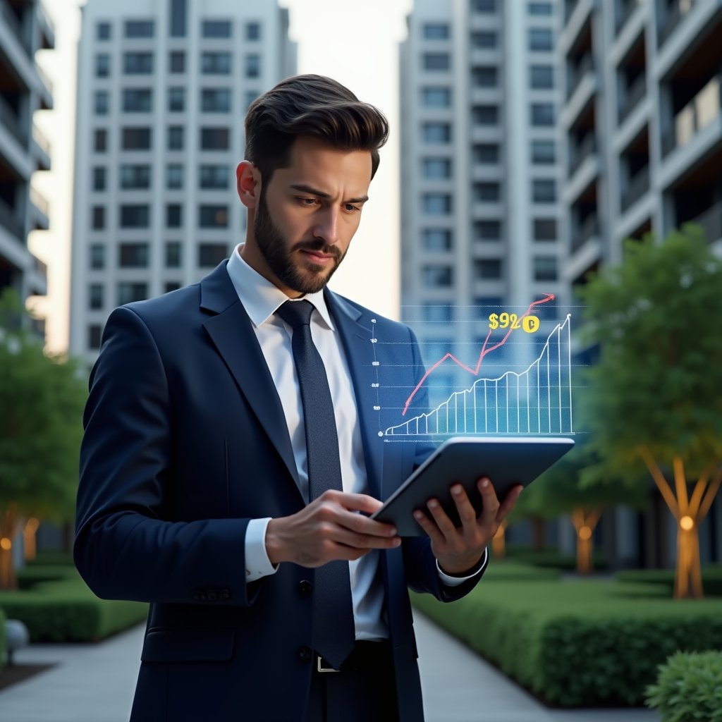 (Ultra-realistic condominium manager in a tailored navy suit, set in a modern luxury condominium environment with high-rise buildings and manicured green landscaping, reviewing financial charts on a tablet with a holographic cost-saving graph hovering above, confident and focused expression, cinematic lighting, shallow depth of field, highly detailed textures, realistic skin, photographic realism, 8k resolution --ar 1:1 --v 6)